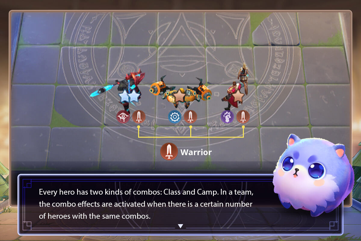 Every hero has two kinds of combos: Class and Camp. In a team, the combo effects are activated when there is a certain number of heroes with the same combos.