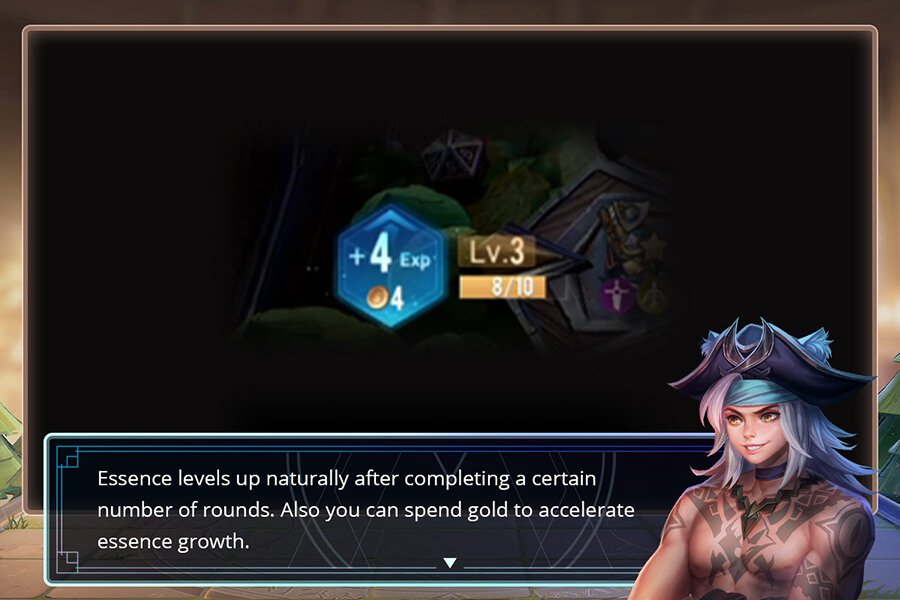 Essence levels up naturally after completing a certain number of rounds. Also you can spend gold to acclerate essence growth.