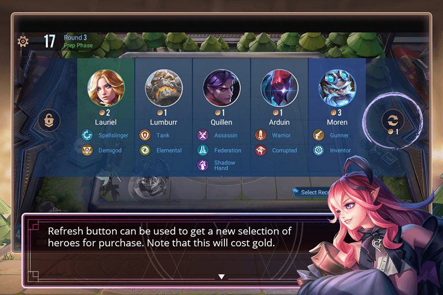 Refresh button can be used to get a new selection of heroes for purchase. Note that this will cost gold.