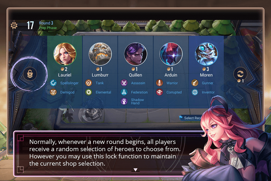 Normally, whenever a new round begins, all players receive a random selection of heroes to choose from. However you may use this lock function to maintain the current shop selection.