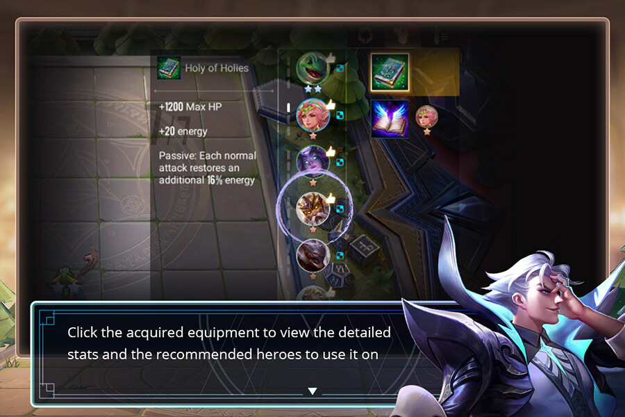 Click the acquired equipment to view the detailed stats and the recommended heroes to use it on.