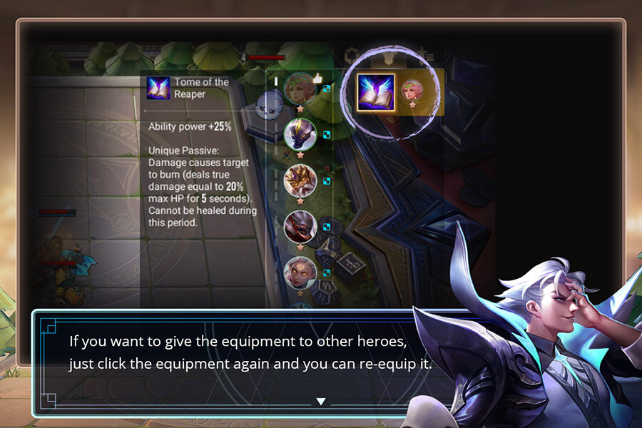 If you want to give the equipment to other heroes, just click the equipment again and you can re-equip it.