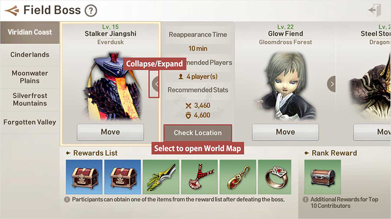 Items and Reputation can be obtained by defeating Field Bosses, located in certain areas out in the field.  