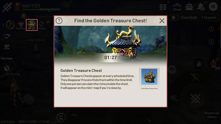 A notice message and notification icon will be displayed when a Golden Treasure Chest appears