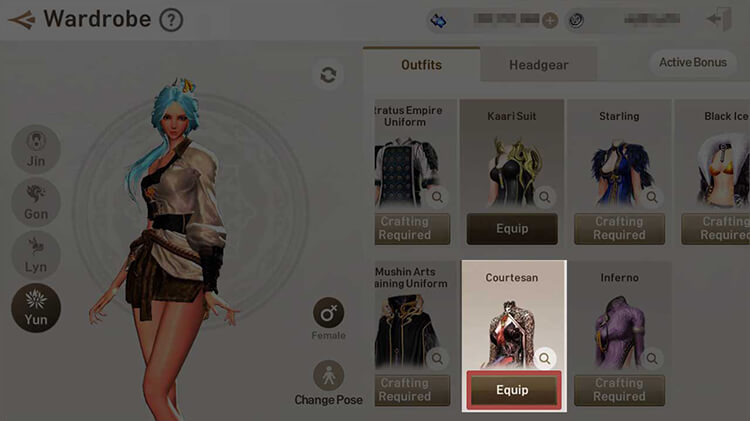 Owned outfits can be equipped to your character