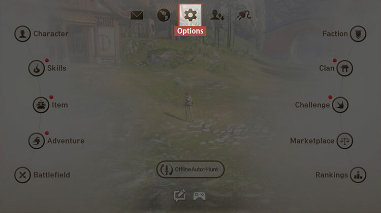 [Log in to Character] → [Main Screen] → [Menu] → [Options]