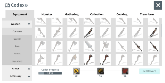 Equipment and items can be obtained through adventures or crafting and registered to the Codex