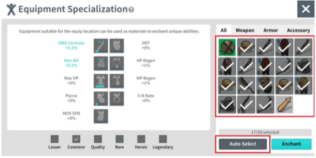 Check the box of the desired equipment grade then proceed with "Auto-Select" to only select equipment of the corresponding grade