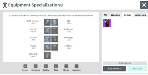 Undo the check boxes of hard-to-acquire "Heroic/ Legendary/ Enchanted Equipment" to prevent them from being accidentally used as material