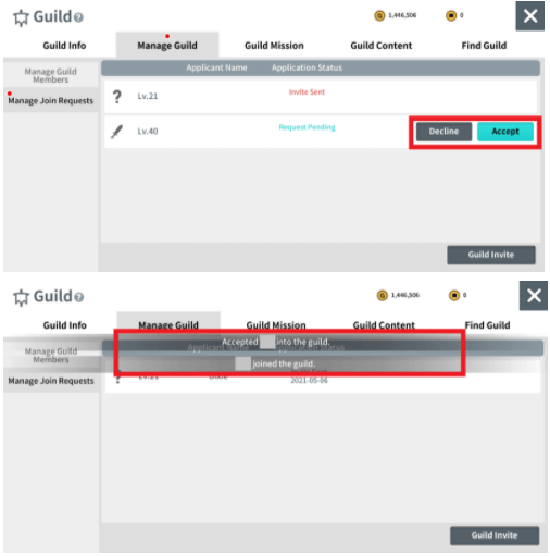 Requests to join guilds can be accepted or rejected