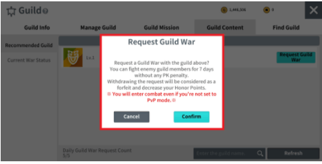 Send a Guild War request to another guild to engage in combat without a PK penalty