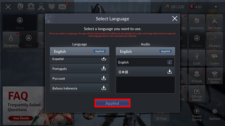 After selecting a language, click Applied and the game will restart to download the corresponding language resources