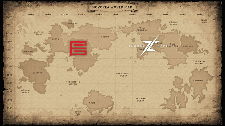 A map of Novcrea World where the worlds of Throne and Liberty and Project E unfold