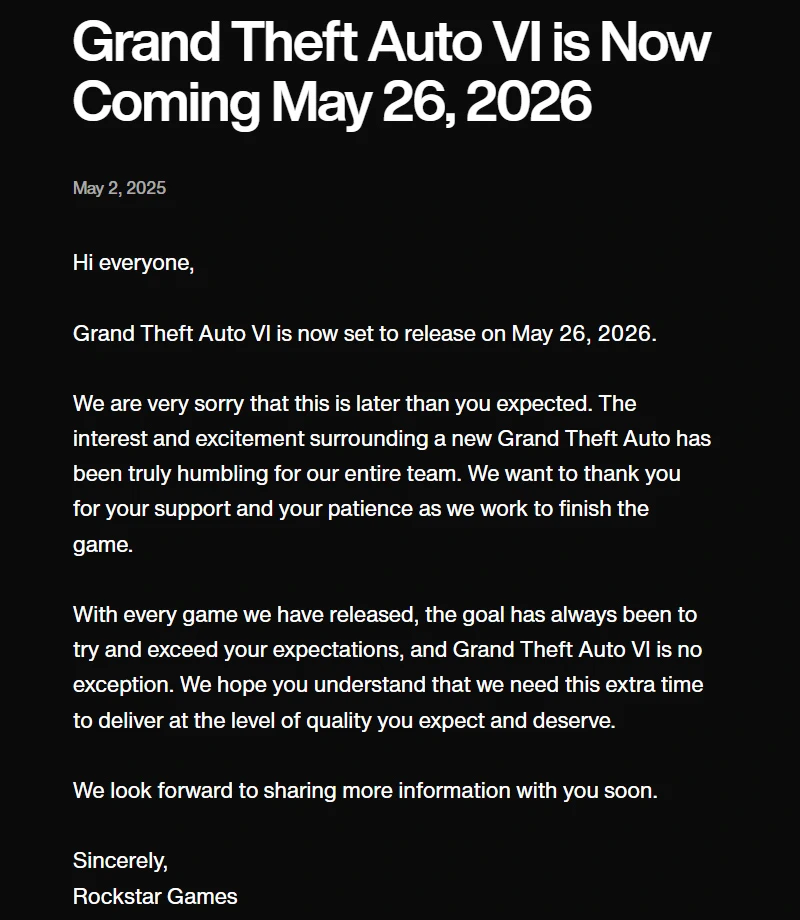 Grand Theft Auto VI delayed until May 2026